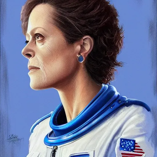 Prompt: portrait of a woman by greg rutkowski, sigourney weaver as an space cargo pilot, she is about 6 0 years old, wearing a cobalt blue utilitarian jumpsuit, highly detailed portrait, digital painting, artstation, concept art, smooth, sharp foccus ilustration, artstation hq