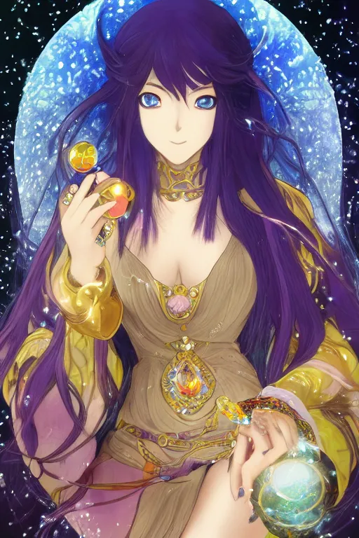 Image similar to psychedelic, intricate, highly detailed, anime, 4k, beautiful seductive lucina from fire emblem holding a crystal containing the universe, with professional makeup, long trippy hair, surrounded by gems, underneath the stars, trending on patreon, deviantart, twitter, artstation, volumetric lighting, heavy contrast, by artgerm and Ilya Kuvshinov and alphonse mucha