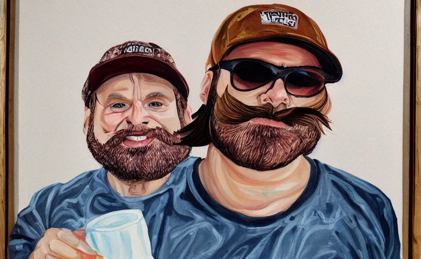 Image similar to painting of middle aged man with brown hair, white dad cap, beard in the style of martine johanna
