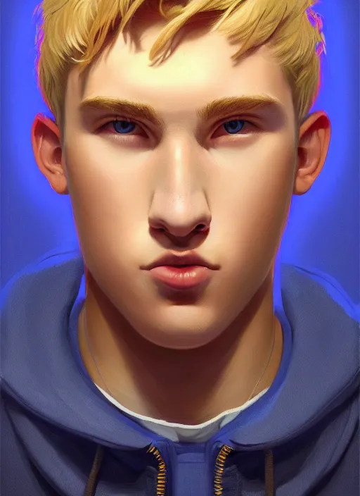 Image similar to portrait of high school senior boy named big moose, blonde short hair, jock, beefy, wide face, square jaw, square facial structure, blue varsity jacket with letter r, intricate, elegant, glowing lights, highly detailed, digital painting, artstation, concept art, sharp focus, illustration, art by wlop, mars ravelo and greg rutkowski