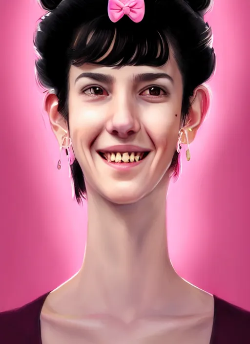 Image similar to portrait of high school girl, realistic, black hair, bangs, half updo hairstyle, pointy nose, skinny, smile, ugly, defined jawline, big chin, pink hair bow, earrings, intricate, elegant, glowing lights, highly detailed, digital painting, artstation, sharp focus, illustration, art by wlop, mars ravelo and greg rutkowski