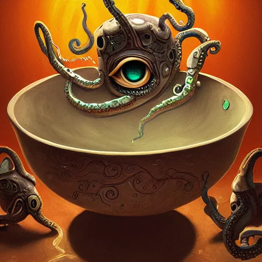 Image similar to toilet bowls with eyes and tentacles, digital artstation painting 8k intricate dramatic light