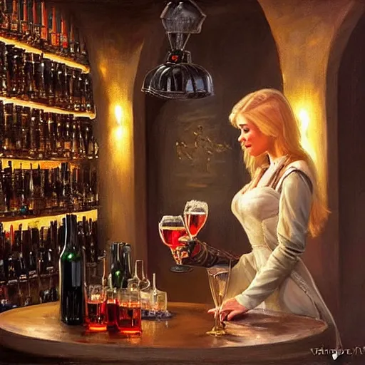 Prompt: ((Boba Fett)) and a beautiful young blonde drinking beer in a wine cellar, food, meat, schnapps, torches on the wall, romantic, inviting, cozy, painting by Vladimir Volegov