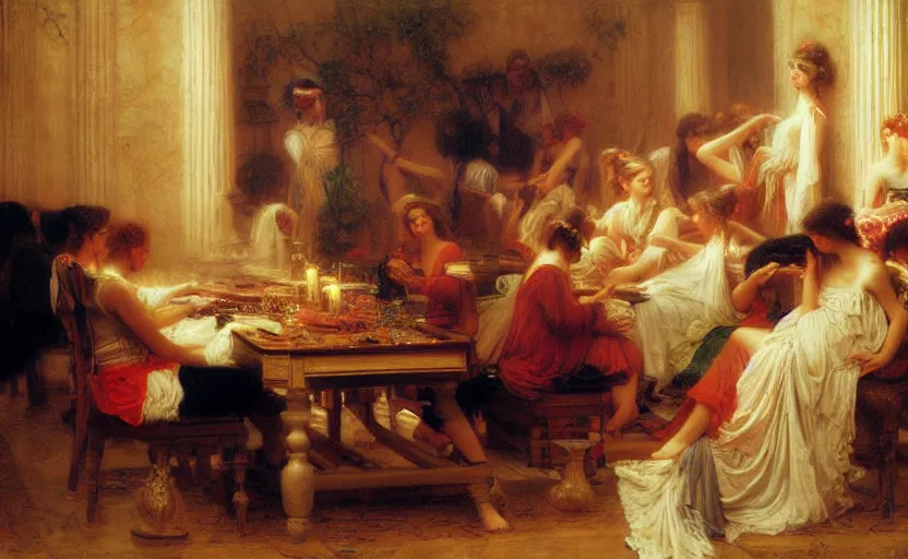 Prompt: roman lan party by pierre auguste cot and delphin enjolras and daniel f. gerhartz