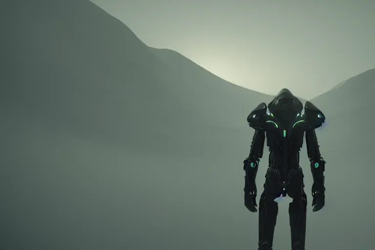 Image similar to in a vast strange detailed alien landscape, a humanoid wearing sleek but simple body armor with glowing parts walks towards an outpost, dramatic lighting, light fog, 8 k cg render, trending on artstation