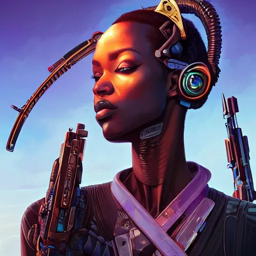 Prompt: african cyberpunk huntress, science fiction, highly detailed, digital painting, beautiful eyes, symmetry, concept art, sharp focus, illustration, global illumination, radiant light, synthwave colors, detailed and intricate environment, art by artgerm and greg rutkowski and magali villeneuve and ilya kuvshinov!