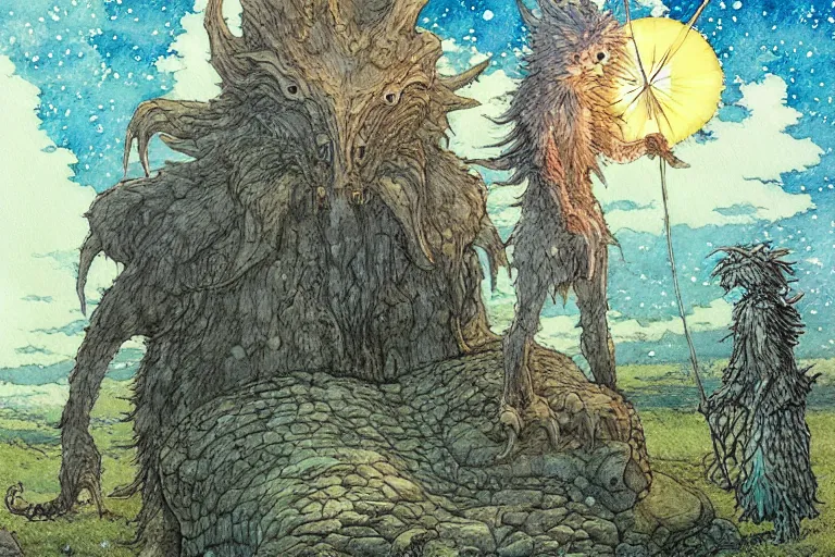 Image similar to hyperrealist studio ghibli watercolor fantasy concept art of a kaiju using stonehenge as a chair. it is a misty starry night. by rebecca guay, michael kaluta, charles vess