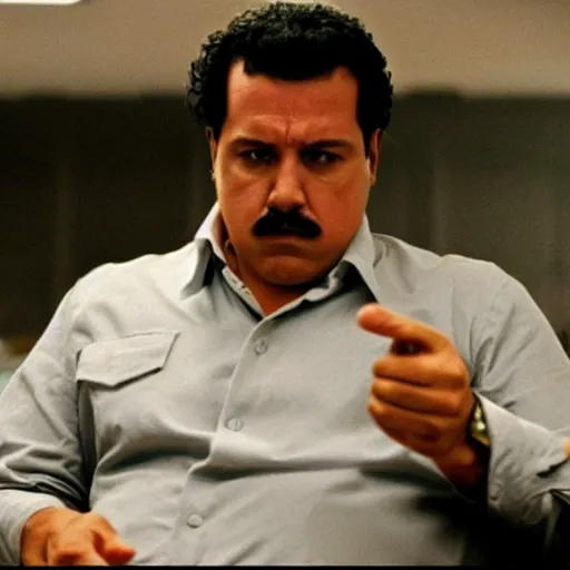 Image similar to film still of pablo escobar as max payne in the upcoming film, smoke, office scene, bloody, corpses