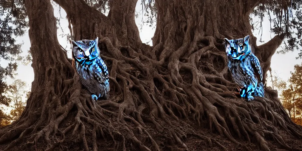 Prompt: tha owlking with red and blue eyes sitting on a throne carved in a big tree, moonlight, natural light, Cinematic level shot, dynamic pose, award winning photograph, photorealism, beautiful lighting, sharp, details, hyper-detailed, HDR, 8K