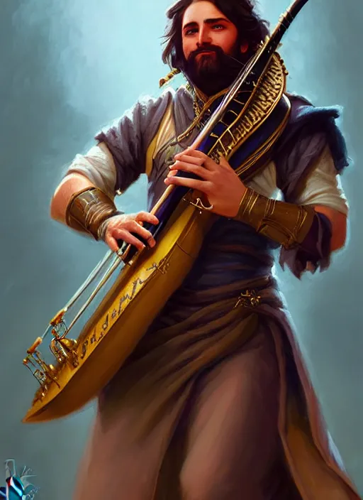 Image similar to a _ fantasy _ style _ portrait _ painting _ of charismatic bard playing instrument, rpg dnd oil _ painting _ unreal _ 5 _ daz. _ rpg _ portrait _ extremely _ detailed _ artgerm _ greg _ rutkowski _ greg