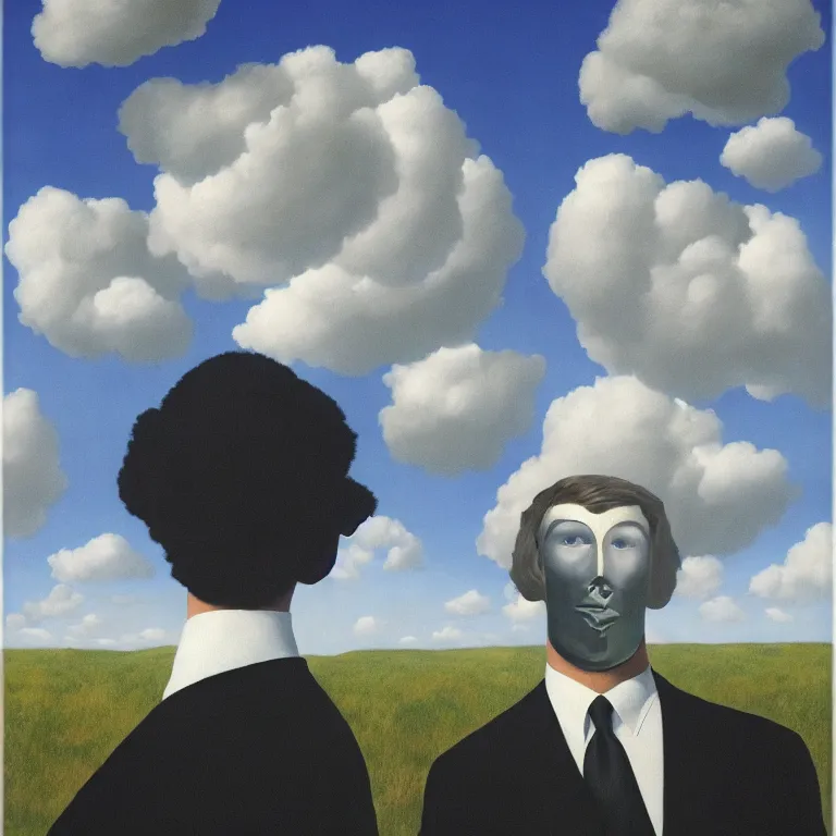 Image similar to portrait of a faceless reflective chrome - head man in a suit and black gloves, clouds and nature landscape in the background, by rene magritte, detailed painting, distance, centered, hd, hq, high resolution, high detail, 4 k, 8 k