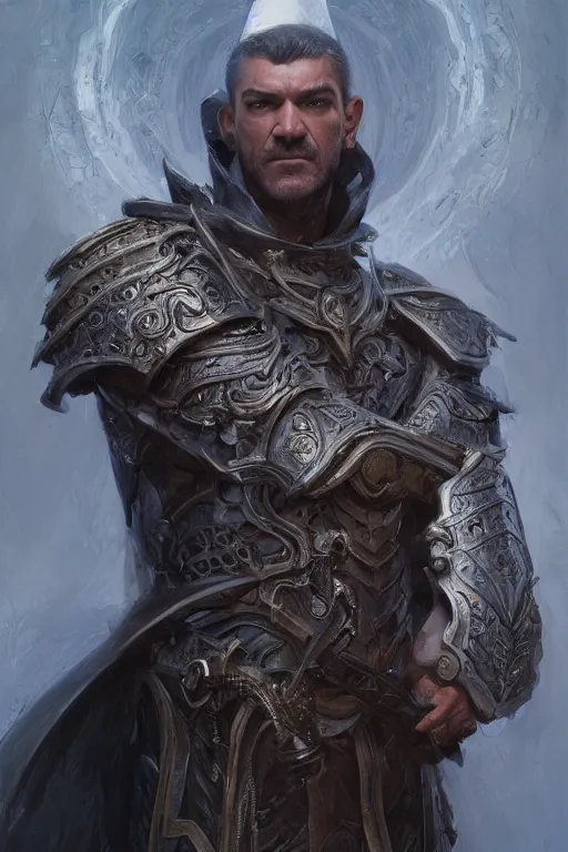 Image similar to portrait of antonio banderas as holy paladin, fantasy, dnd, intricate, highly detailed, smooth, artstation, digital illustration by Ruan Jia and Mandy Jurgens and Artgerm and Wayne Barlowe and Greg Rutkowski and Zdislav Beksinski