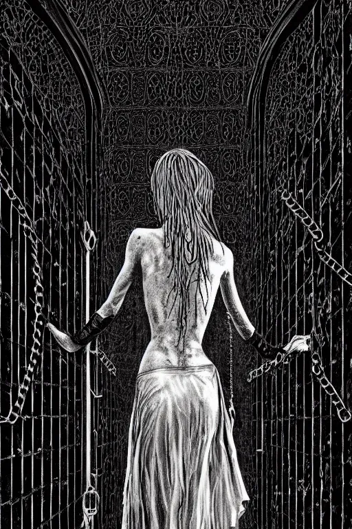 Image similar to dreamy gothic girl, black leather slim clothes, chains, wet hall stairs, beautiful body, detailed acrylic, grunge, intricate complexity, by dan mumford and by alberto giacometti, peter lindbergh