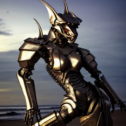 Image similar to chest up shot, realistic detailed stunning beautiful armored humanoid robot anthropomorphic female dragon, looking to the side with an elegant pose of hand on hip, smooth and streamlined armor and design made of steel, sharp claws and sharp teeth, high quality head, Slick LEDs, standing on two legs, on the beach during sunset, high quality, cinematic art, sci fi, sunset lighting, 3D render, 8k, artstation, deviantart, furaffinity
