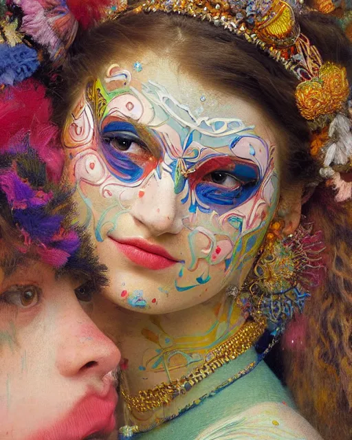 Image similar to a beautiful girl at carnival wearing colourful face paint surrounded by colourful intricate patterns, by edgar maxence and caravaggio and michael whelan, intricate painting, hyper realistic, extremely detailed and beautiful aesthetic face, 8 k resolution