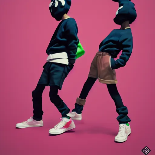 Prompt: bingo bango abstract statement piece on a set of twin ninja hypebeasts, by ilya kuvshinov and james jean and hiroya oku and gilleard james, artstation trending, 8 k, 3 d render, photorealistic, volumetric lighting caustics, pink