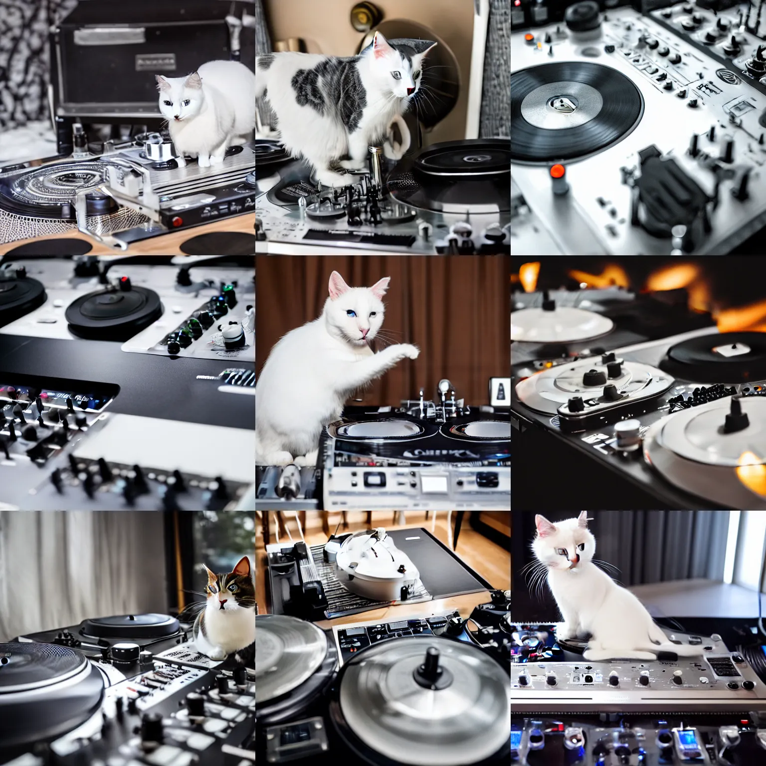 Prompt: a white and gray Turkish Van cat DJing on turntables and a pioneer mixer