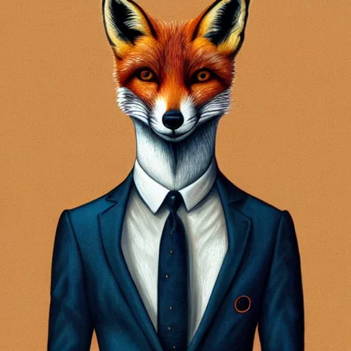 Prompt: an artistic portrait of fox in full tailored suit by Escher Casey Weldon, behance contest winner, colorful