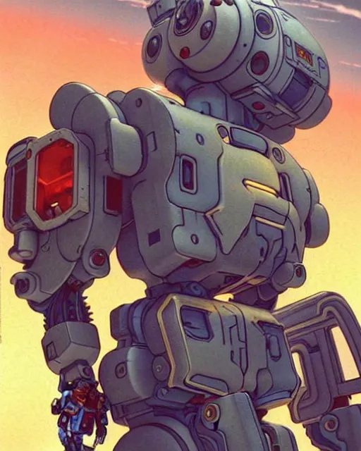 Image similar to bastion the friendly robot from overwatch, with his pet bird, character portrait, portrait, close up, concept art, intricate details, highly detailed, vintage sci - fi poster, retro future, in the style of chris foss, rodger dean, moebius, michael whelan, katsuhiro otomo, and gustave dore