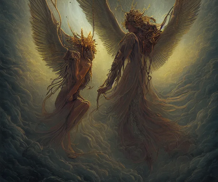 Image similar to a beautiful tarot card artwork of a fallen seraphim, horror, backlit, gloomy sky, highly detailed, digital painting, intricate golden threads, by greg rutkowski and peter mohrbacher and dan mumford and artgerm, vivid colors, detailed shading, 8 k resolution, intricate, smooth