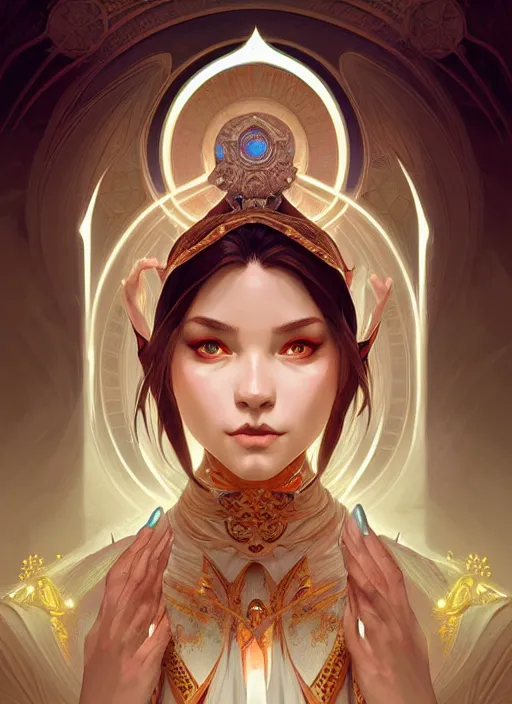 Image similar to symmetry!! portrait of a female sorcerer, dar fantasy, intricate, elegant, highly detailed, my rendition, digital painting, artstation, concept art, smooth, sharp focus, illustration, art by artgerm and greg rutkowski and alphonse mucha and huang guangjian and android jones and sachin teng