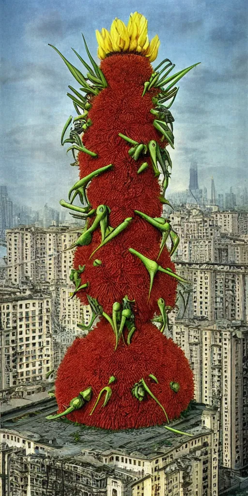 Prompt: colossal Beelzebub flower in the middle of post soviet constructivist cityscape, Stalinist architecture, brutalist architecture, ultradetailed, Intricate by Giuseppe Arcimboldo and MC Esher and Wes Anderson and H.R. Giger