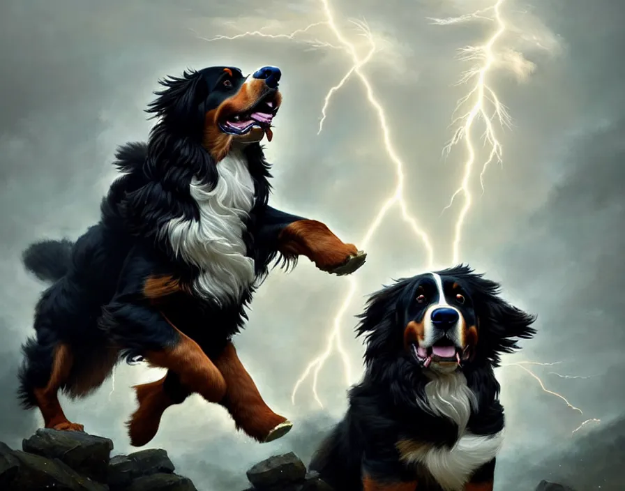 Prompt: an epic painting of a male anthropomorphic bernese mountain dog as zeus, shooting lightning bolts from his paws, by greg rutkowski, intricate details, artstation, furry, cinematic, hd, beautiful