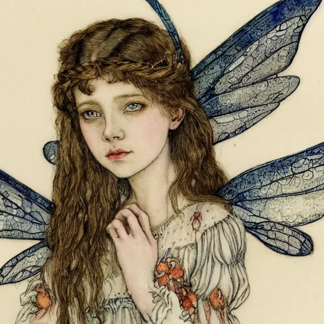 Image similar to a detailed, intricate watercolor and ink portrait illustration with fine lines of young 1 4 year old scarlett johannson as a happy winged fairy with dragonfly wings wearing a peasant dress, by arthur rackham and edmund dulac and lisbeth zwerger