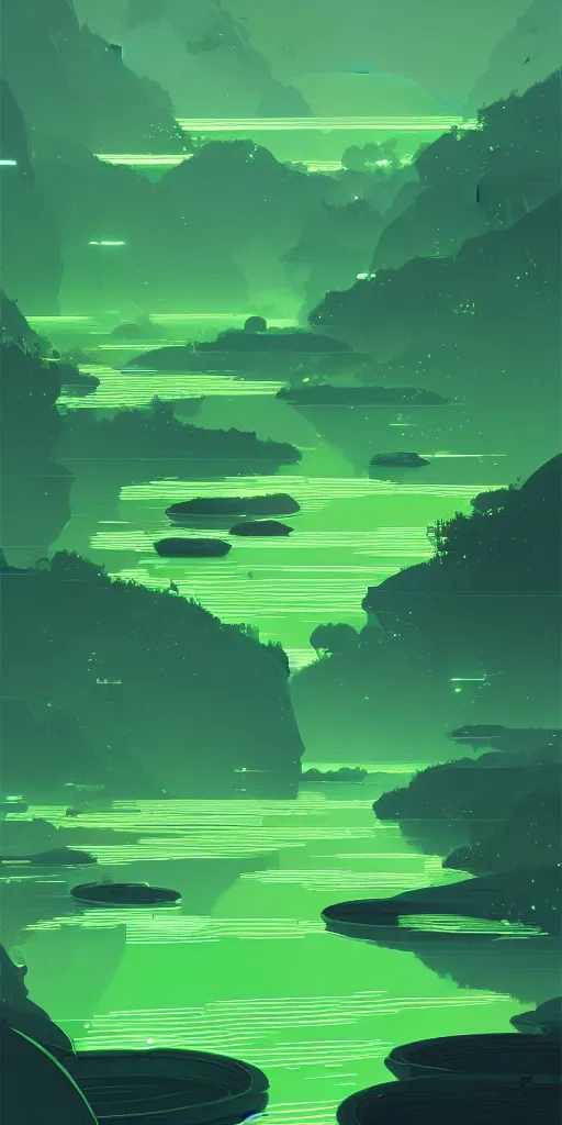 Image similar to by moebius and atey ghailan | a bright green river with clear crystal boats moving up and down it |