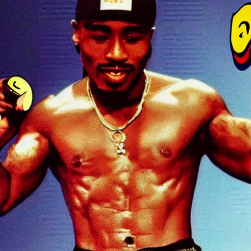 Prompt: 2PAC as PACMAN drinking 6 pack and still having a 6pac abs