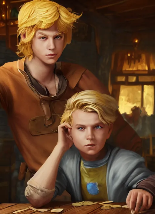 Image similar to An epic fantasy comic book style portrait painting of a young blonde boy thief in a tavern, unreal 5, DAZ, hyperrealistic, octane render, cosplay, RPG portrait, dynamic lighting