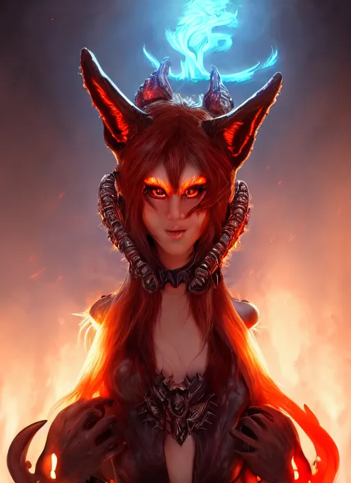 Image similar to imp demon goddess, cute fox ears, leather armor, character portrait in the style of thomas river and artgerm, cinematic lighting, hyperdetailed, 8 k realistic, symmetrical, global illumination, radiant light, frostbite 3 engine, cryengine, trending on artstation, digital art, chanel