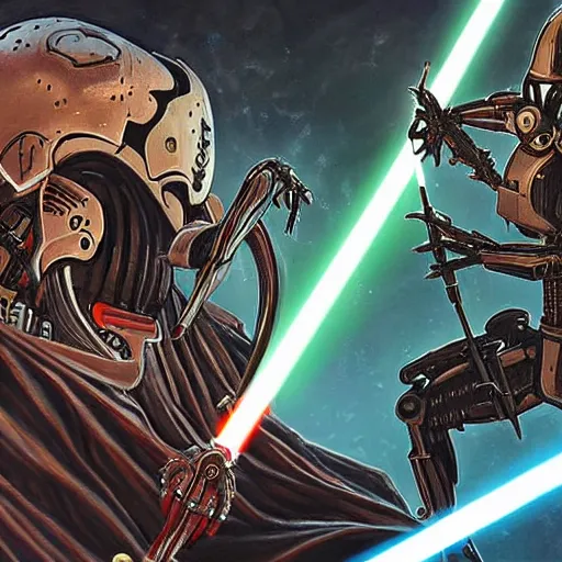 Image similar to general grievous fighting a jedi, high detail, art station, award - winning art