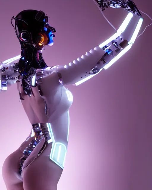 Prompt: creative photo of sensual dancer as a cyberpunk mecha humanoid robotic head shoulder parts with linear bright led lights, inside white room, ultra - realistic and detailed, 8 k