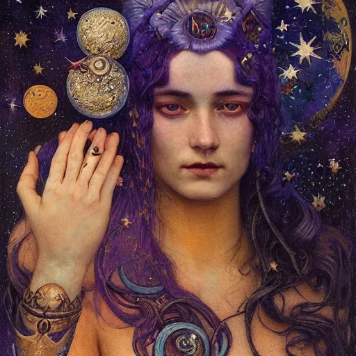 Prompt: queen of the moon with stars in her hair, by tino rodriguez and annie swynnerton and nicholas roerich and jean delville and donato giancola and tom bagshaw and lucien freud, dramatic lighting, floral tattoos, rich colors, smooth sharp focus, extremely detailed, adolf wolfli