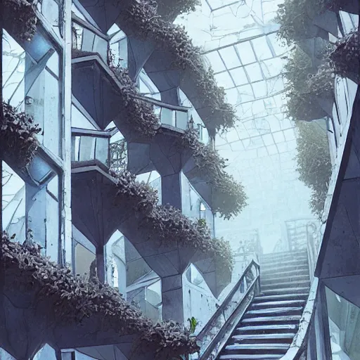 Image similar to a rotten fungus mushroom clump in a bright white hallway with many doors and stairs, Mc Escher architecture, epic composition, decay, by Makoto Shinkai