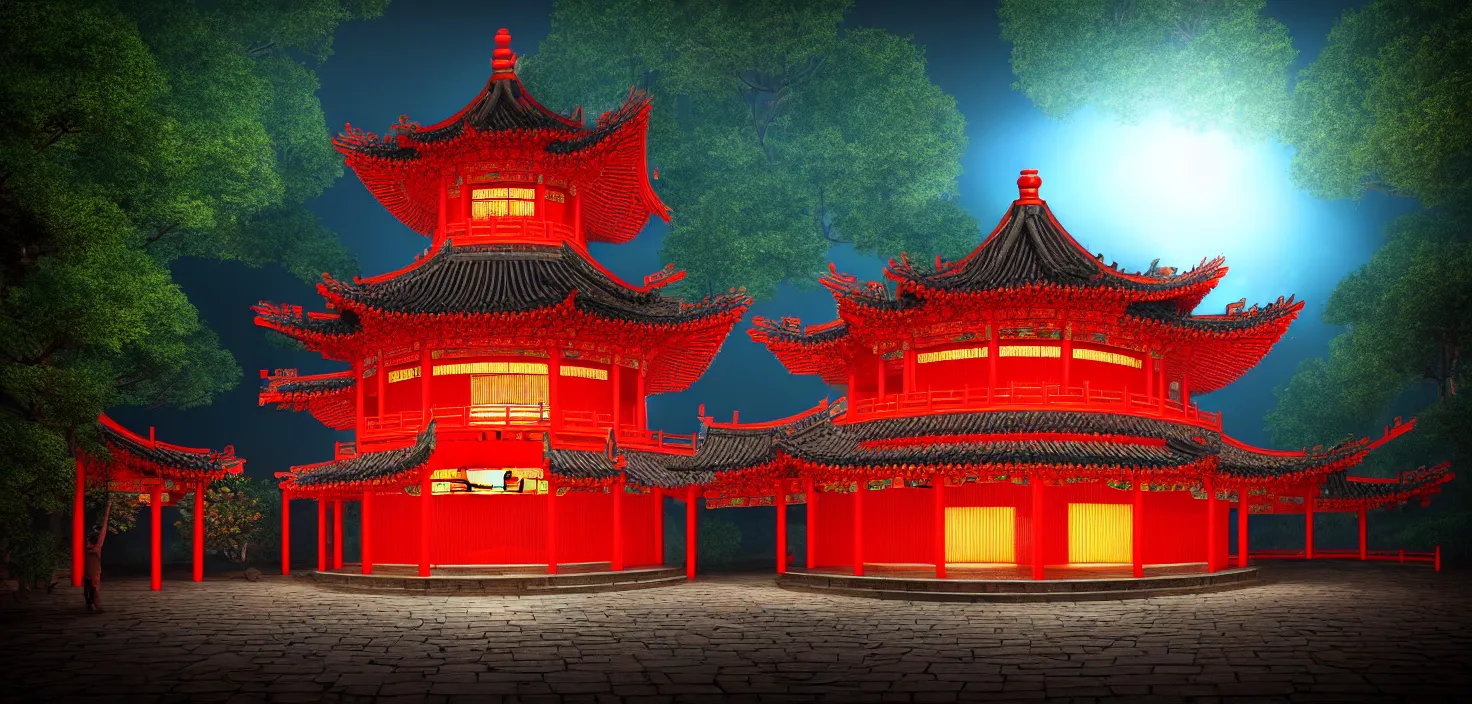 Image similar to a traditional chinese building in the forest at night, big round glowing multicoloured portal house, central symmetrical composition, incredible, vector art, octane render, fabulous, hyper detailed, random cinematic view, no noise, global illumination, warm lighting, volumetric, godrays, vivid, beautiful, by oliver beck