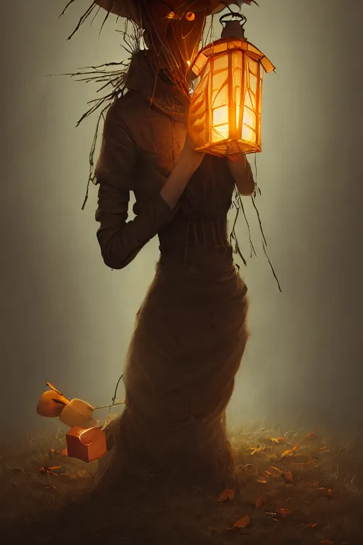 Image similar to portrait of a haunted scarecrow, burlap bag head, holding a lantern, halloween night, charlie bowater, artgerm, ilya kuvshinov, krenz cushart, ruan jia, realism, ultra detailed, 8 k resolution