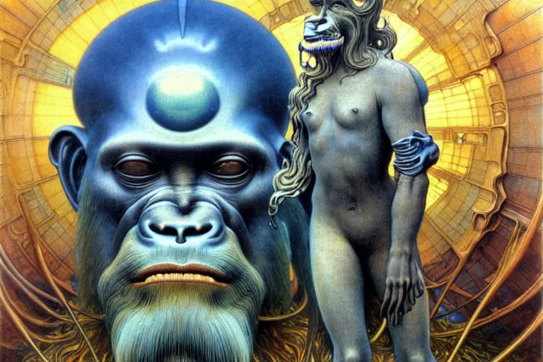 Image similar to realistic extremely detailed portrait painting of a wise ape, futuristic sci-fi landscape with a statue on background by Jean Delville, Amano, Yves Tanguy, Alphonse Mucha, Ernst Haeckel, Edward Robert Hughes, Roger Dean, rich moody colours, silver hair and beard, blue eyes