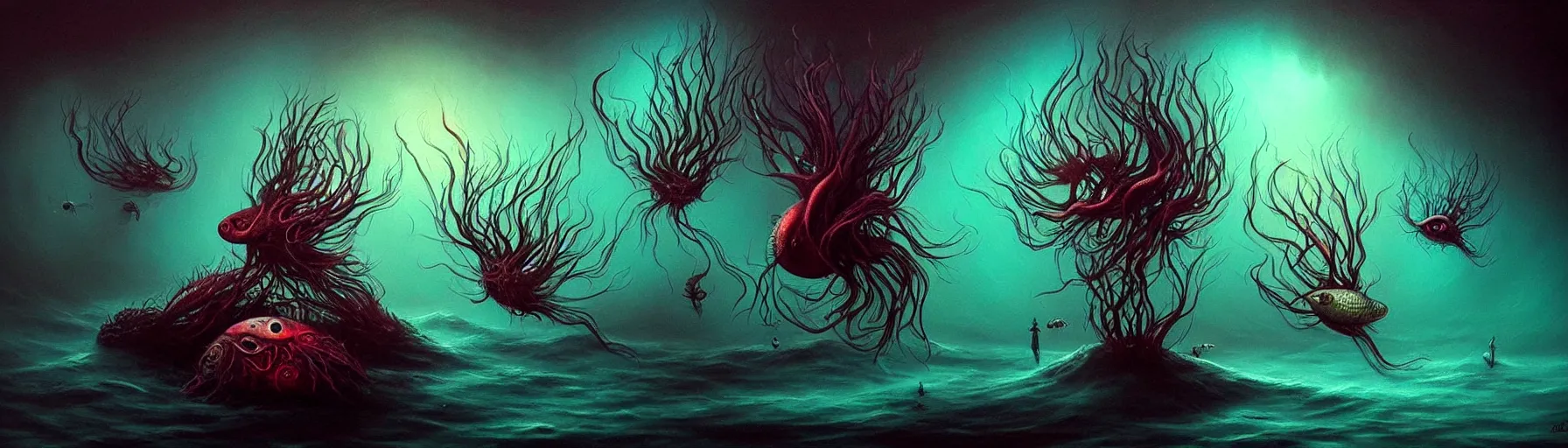 Prompt: whimsical strange small sea creatures from the depths of the imaginal realm, dark eerie dramatic lighting, detailed and atmospheric surreal darkly colorful painting by ronny khalil