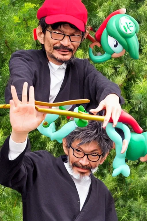 Image similar to hideaki anno popping out of a green mario pipe, holding a figurine of asuka langley triumphantly in his raised hand