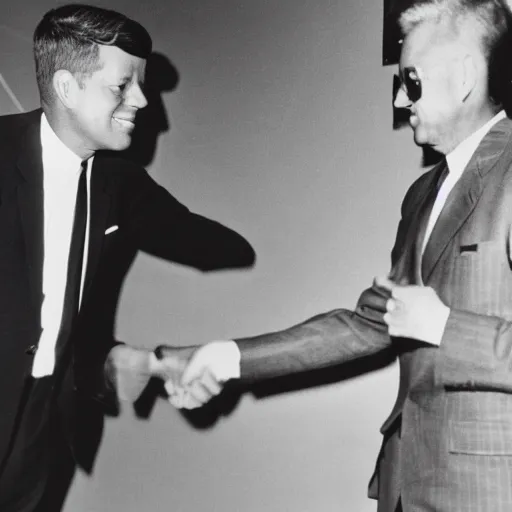 Prompt: vintage photo of jfk shaking hands with a grey alien at Area 51, 35mm photo