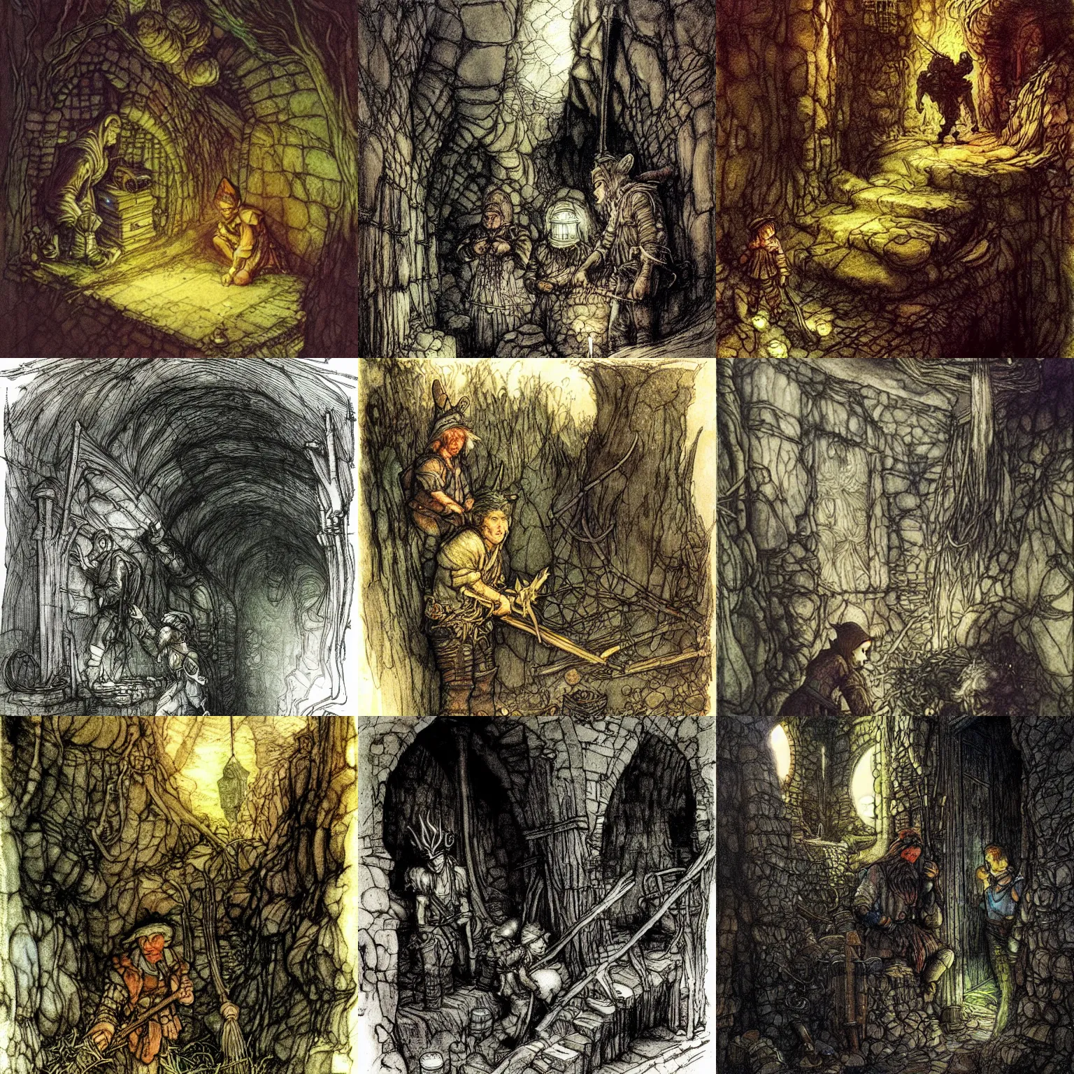 Prompt: cunning, miner [ [ elves ] ] work in a dark [ mine ], fairy tale illustration, colorful, drawing by alan lee, rembrandt, arthur rackham and marc simonetti