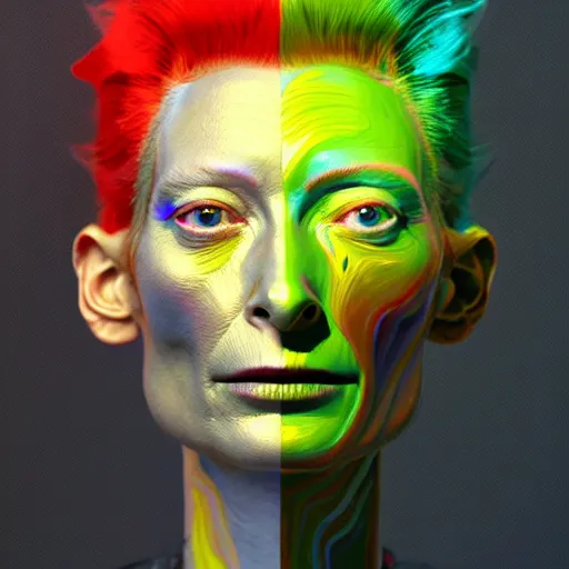 Image similar to a realistic octane render physically based rendering chrome neon tilda swinton, trending on artstation, by archan nair and marlene dumas, intricate details, gilded, in the style of frank auerbach, in the style of martin ansin, in the style of david aja, by kandinsky