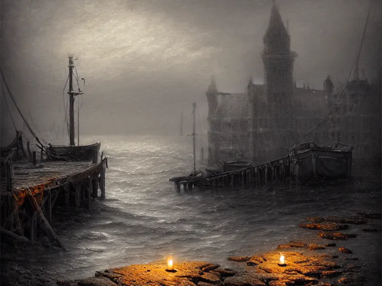 Prompt: a forgotten wharf on a cold sea by zacharias aagaard and magali villeneuve and ruth deckard and hubert robert, crisp details, hyperrealism, high contrast, low light, bokeh, short focal length, desaturated, grey mist, cobblestones, orange candle flames