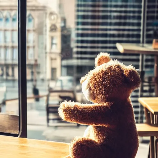 Image similar to teddy bear sitting in a cafe using a laptop, city streets in window, cinematic, highly detailed