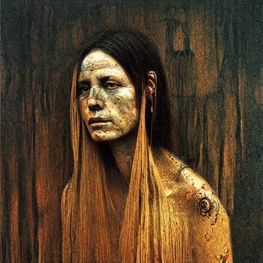 Prompt: portrait of 2500 years old girl, painting by Beksinski