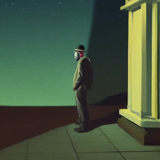 Prompt: a portrait painting of a lonely man with a skull as his head waiting for the bus at night, green dramatic and cinematic light from the streetlight, the sky is full of stars, in the style of edward hopper, 4 k,