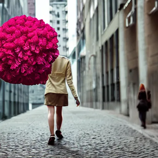 Prompt: giant rhododendron flower head, woman walking through city, surreal photography, cinema, realistic, symmetry, detailed, retro, wes anderson