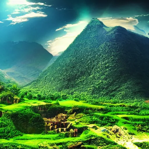 Image similar to the most beautiful and lush landscape in the universe, colorful mountains and green hills, ruined building and ancient civilizations, realistic lighting